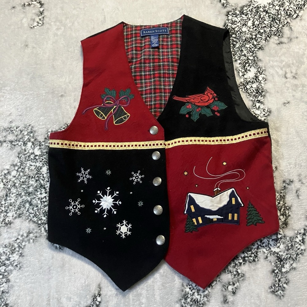Karen Scott Vest‎ Womens Sz M Christmas festive winter red and black color-block